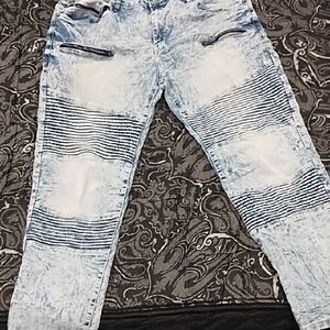 Acid Wash Ribbed Moto Jeans - Light Blue